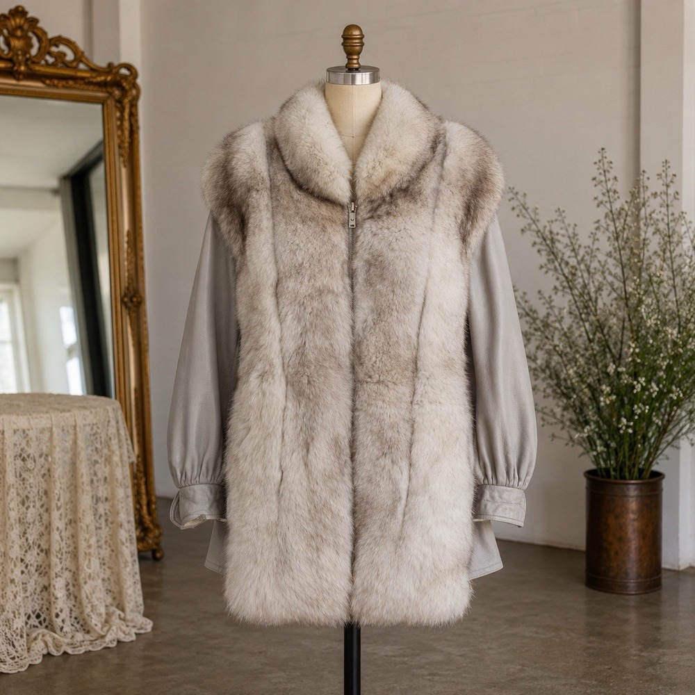 VTG‎ Saga Fox Fur Jacket Coat Size Small Gray Leather 70s Blue Fox Mobwife Y2K